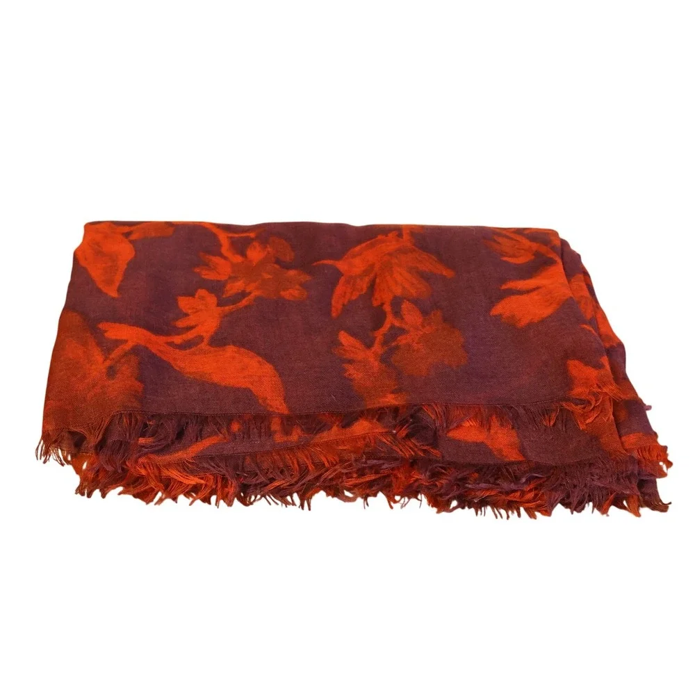 Lands End Floral Bird Print Lightweight Scarf Wrap Shawl Womens Fringe 24x84‎